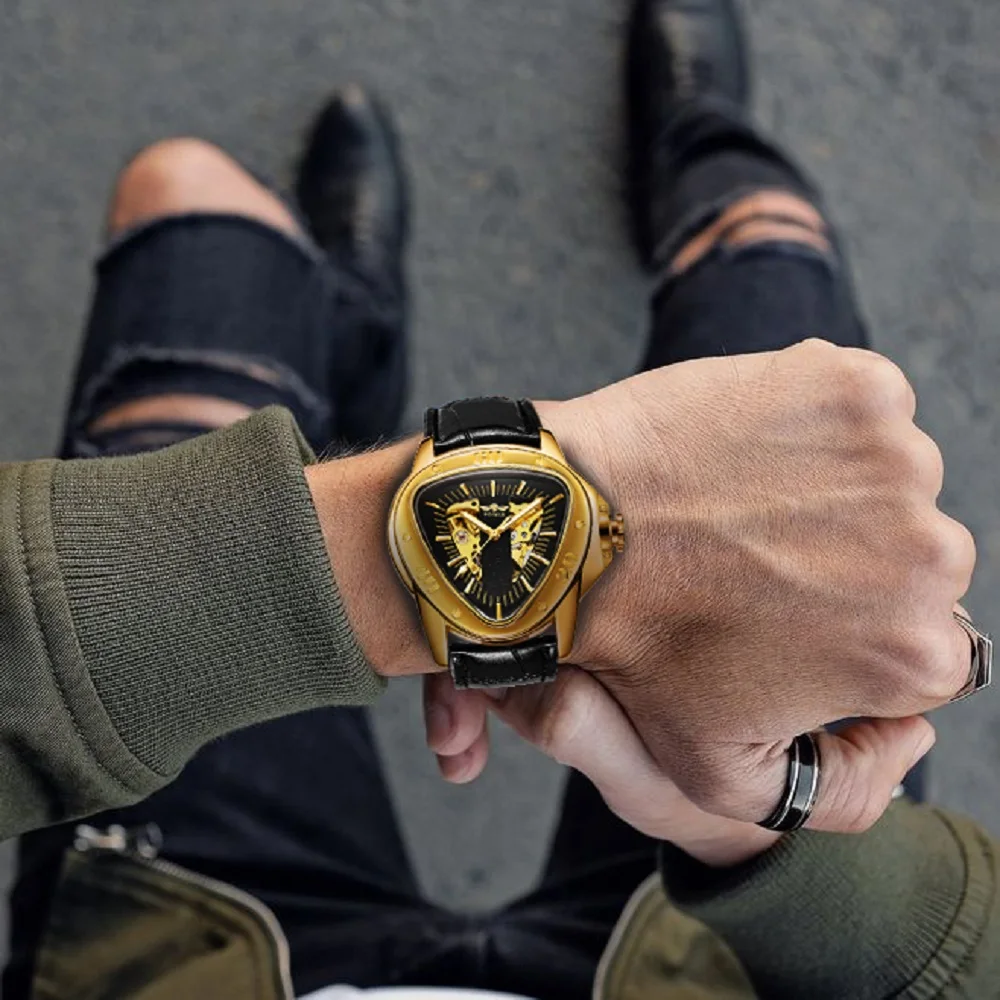 WINNER Official Sports Automatic Mechanical Men Watch Racing Triangle Skeleton Wristwatch Top Brand Luxury Golden + Gift Box - Image 5
