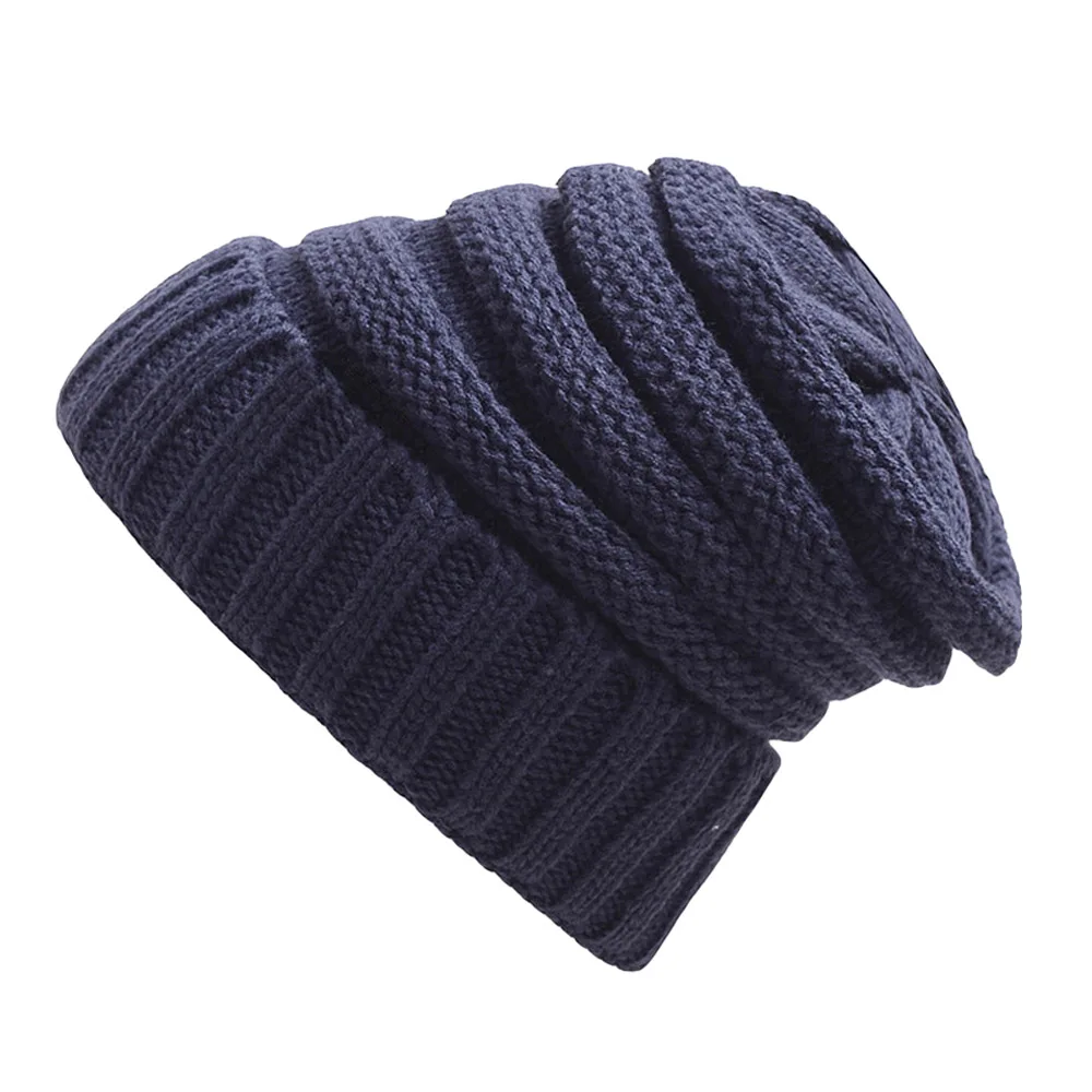 Dark Blue Женская однотонная вязаная шерстяная шапка, повседневная Шапка-бини, теплые мягкие эластичные шапки HATBD0305 - Цвет: Dark Blue