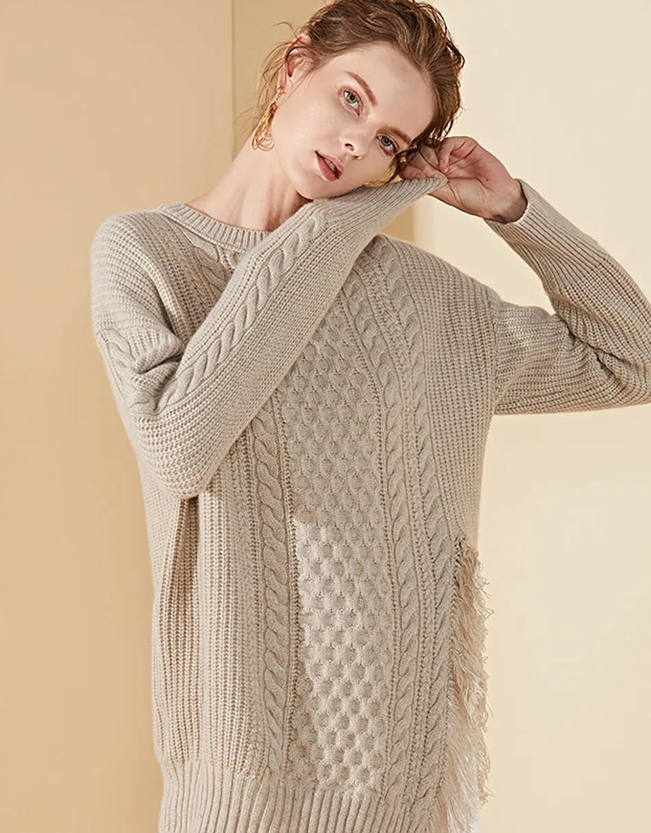Grey YJMY Inner Mongolian Cashmere Sweater Women Dropped Shoulder Tassel Side Slit Ribbed Cable Knit Winter in Slava Store - Цвет: Grey