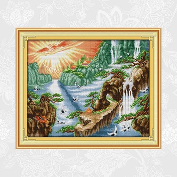 

Sunshine waterfall Scenery Cross Stitch kits Printed Aida Canvas 14CT 11CT Cross-stitch DIY Handmade Embroidery Needlework Sets