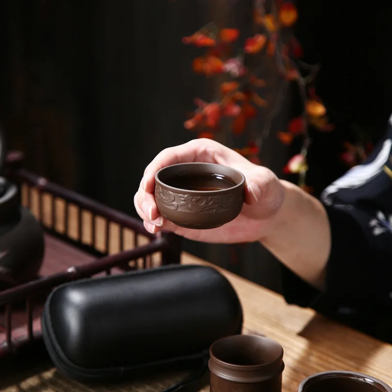 4 шт., чайные чашки из фиолетовой глины, 1 шт., чайный горшок и фильтр для чая, все в портативном пакете, чайный набор для китайской культуры кунг-фу, дорожный чайный пакет