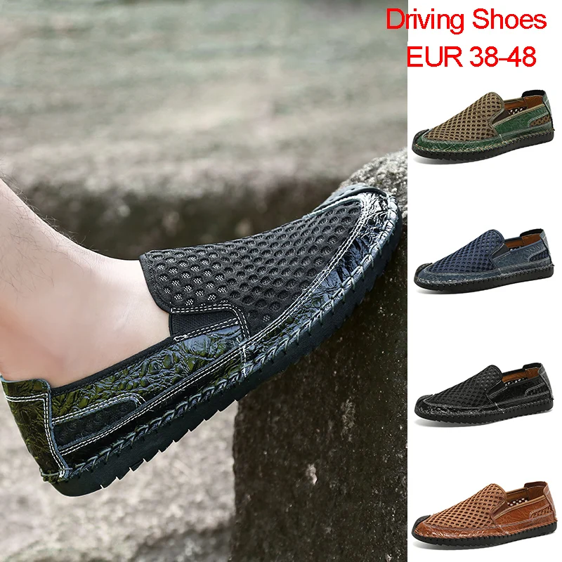 

SUOVEKGO Ultralight Handmade Genuine Leather+Mesh Shoes Lazy Driving Slip on Men Shoes Breathable outdoor Casual Men Shoes