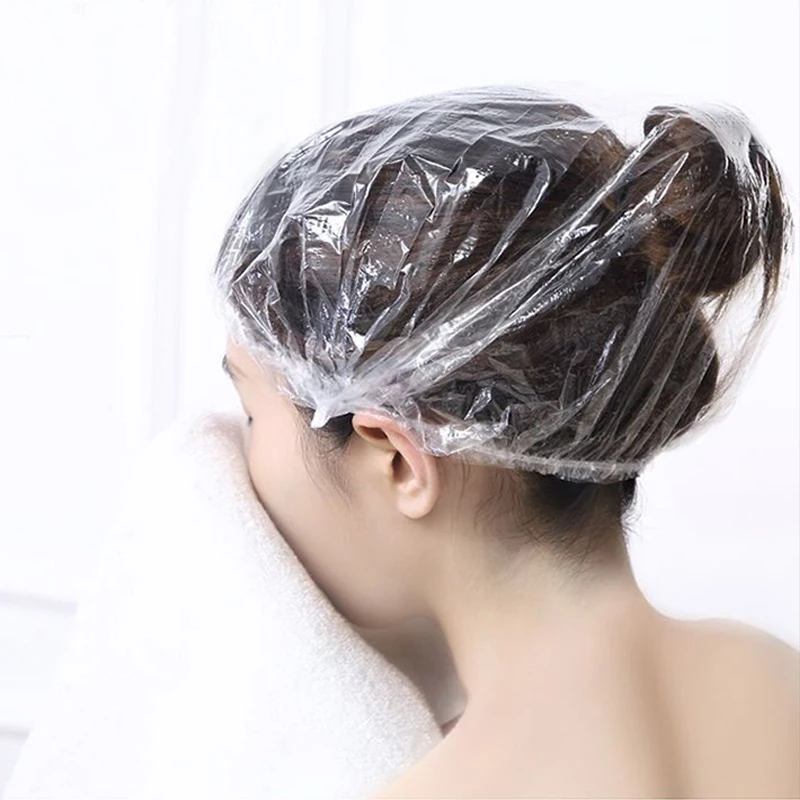 50/100Pcs Disposable Shower Cap PE Elastic Waterproof Hats Hotel Home Shower Bathing Caps Beauty Salon Dye Hair Clear Cap
