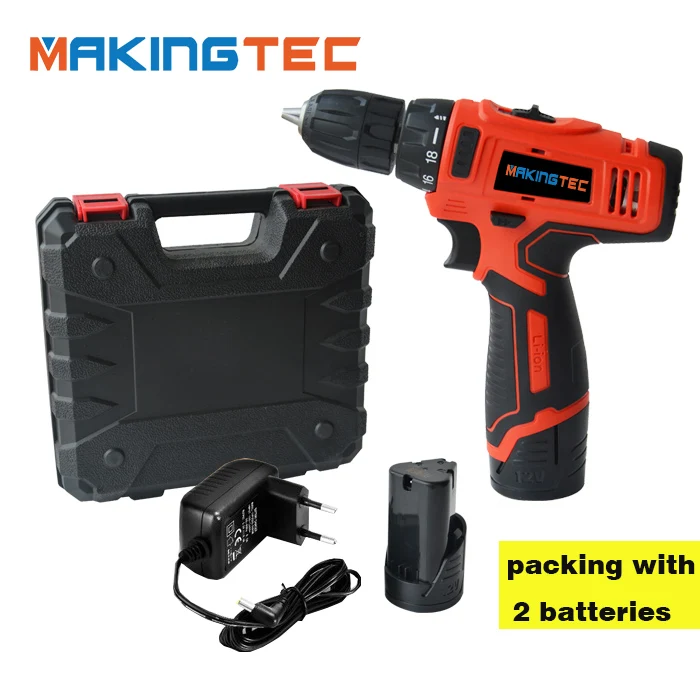 Makingtec 12V Аккумуляторная дрель электрическая отвертка Мощность Инструменты Мини Беспроводной драйвер 2-Скорость Мощность дрель DC литий-ионный Батарея - Цвет: Double Battery