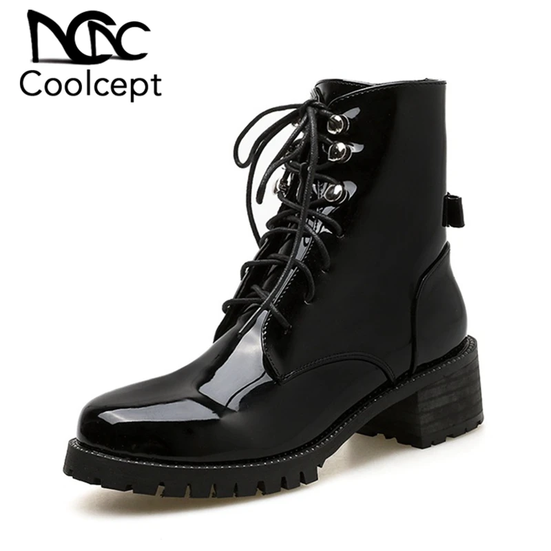 

Coolcept Winter Ankle Boots For Women Round Toe Square Heel Lace Up Punk Motorcycle Boots Female Footwear Black Size 35-40