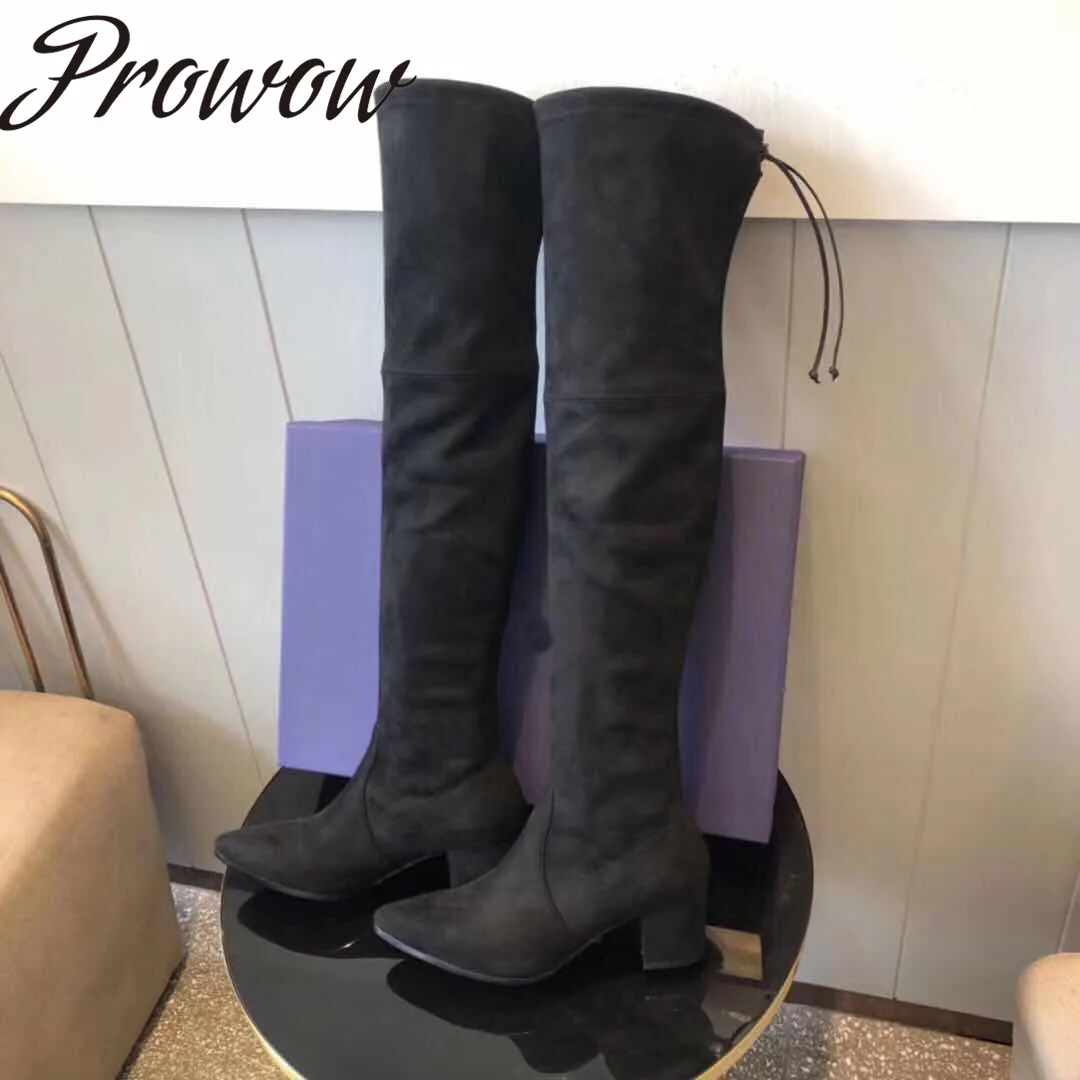 Prowow/Новые ботфорты выше колена из натуральной кожи черного и хаки женские зимние сапоги с острым носком без застежки на толстом каблуке