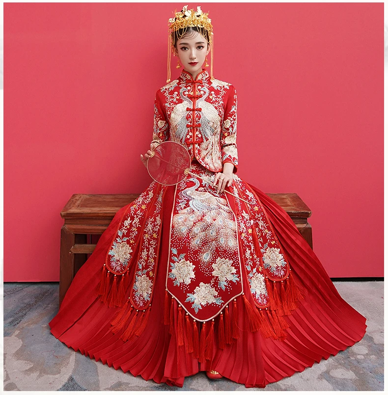 1 компл./лот в китайском стиле для женщин Мода Красный вышивка павлин cheongsam леди мода emroidery кисточкой cheongsam топ и юбка