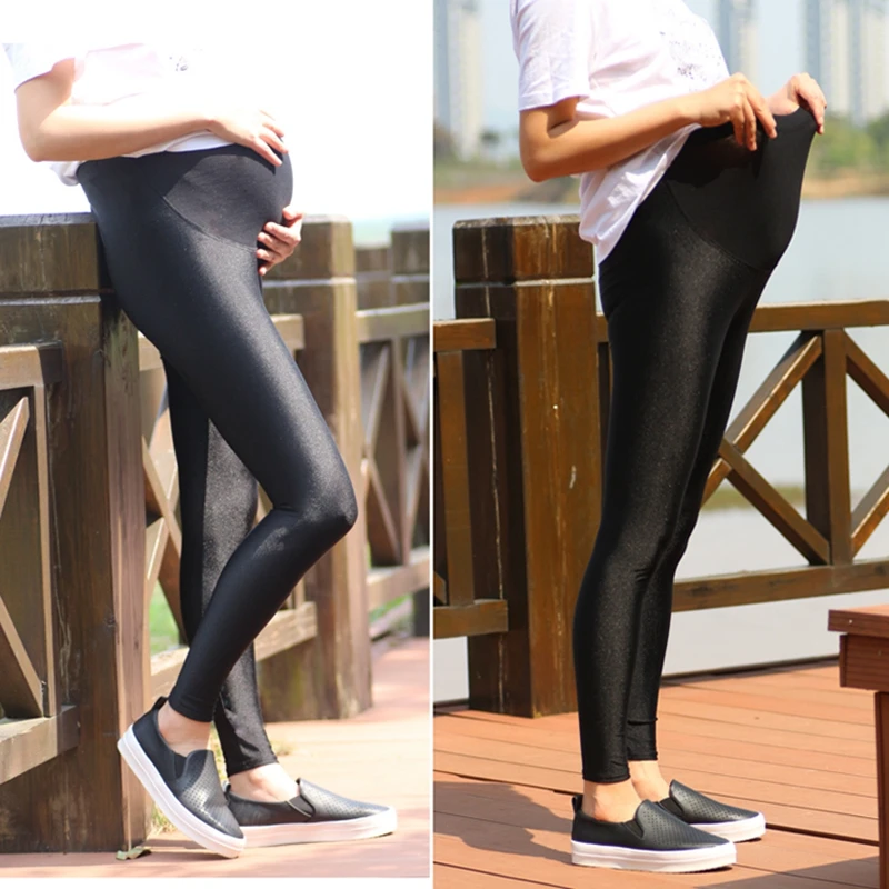 Women Pants Maternity Pants Maternity spring autumn slim fit skinny leggings for pregnant women pure black bright shine leggings step foot pants
