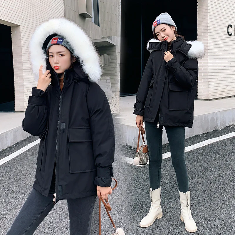 

Winter Large Pocket WOMEN'S Dress Blouses Cotton Coat Large Size Slimming Mid-length Korean-style Hooded Velcro Fur Collar Elega
