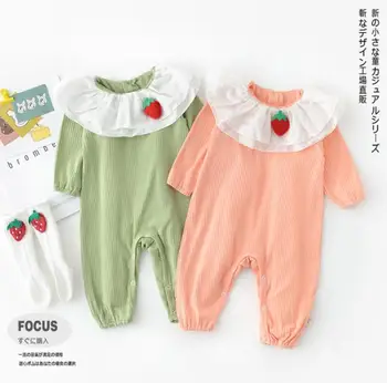 

Spring new baby children's romper lovely strawberry puff double collar long sleeve romper