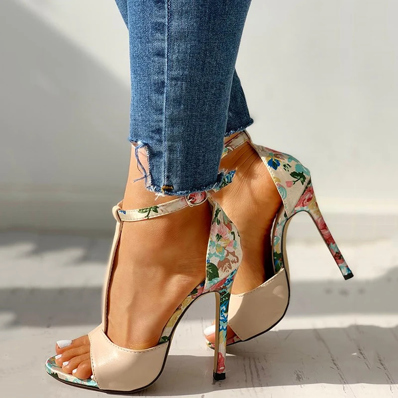 Sexy Women T-strap Floral Print Sandals Summer Fashion Super High Heels Open Toe Gladiator Shoes Woman Party Pumps Embroider