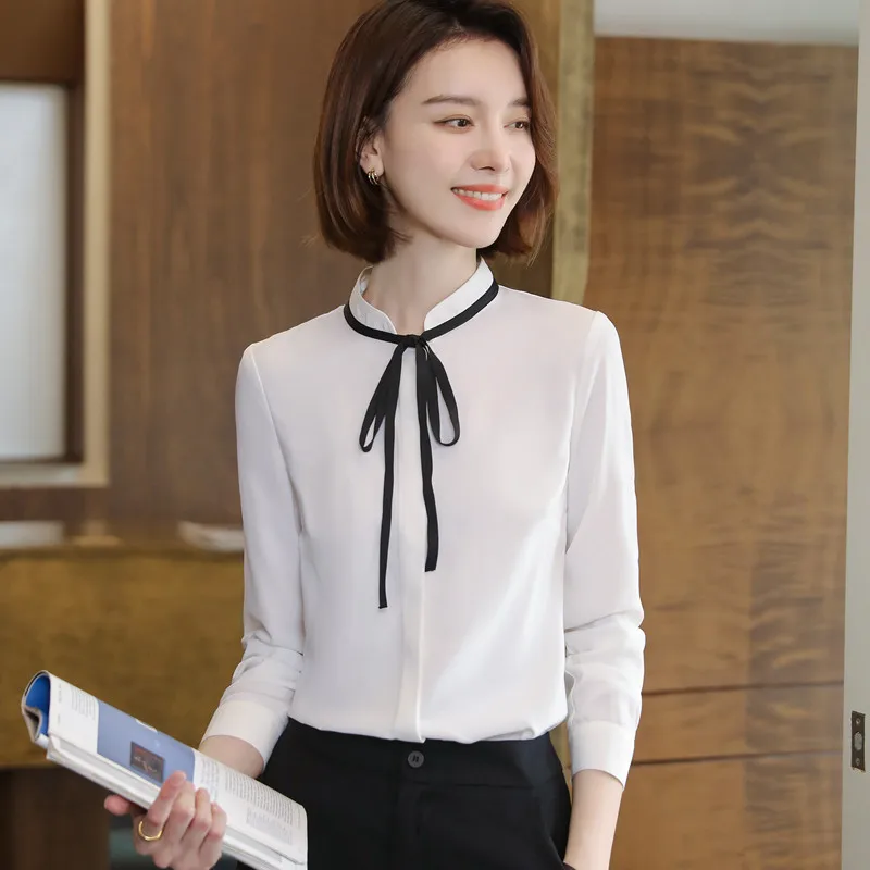 White Shirt Women 2022 New Spring Long Sleeve Slim Stand Collar Temperament Formal  Chiffon Blouses Office Ladies Work Tops Black - AliExpress Women's Clothing