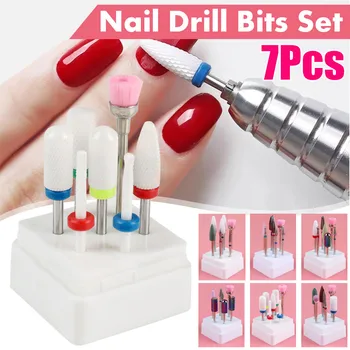 

7 Pcs Ceramic Nail Drill Bits Set with Box Milling Cutter Manicure Machine Accessories Electric Nail Files Nail Art Tools