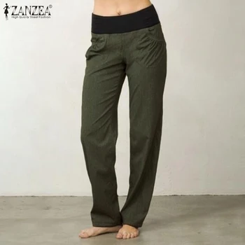 

2020 Women Long Trousers Casual Solid Pantalon ZANZEA Vintage Elastic Waist Pockets Cotton Linen Turnip Pants Streetwear Palazzo