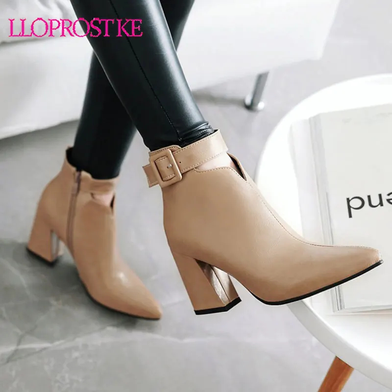 

Lloprost ke Sexy Women's Shoes Thick High Heels Pointed Toe Motorcycle Boots Zipper Botas Mujer Ankle Strap Roman Martin Boots