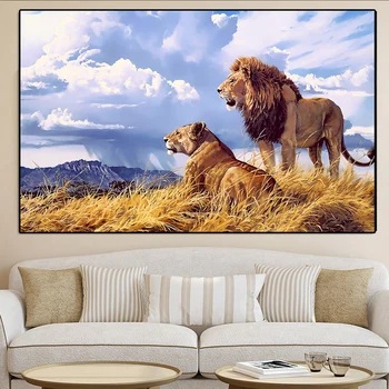 

Modern Steppe Animal Two Lions Oil Painting on Canvas Posters and Prints Cuadros Wall Art Pictures For Living Room