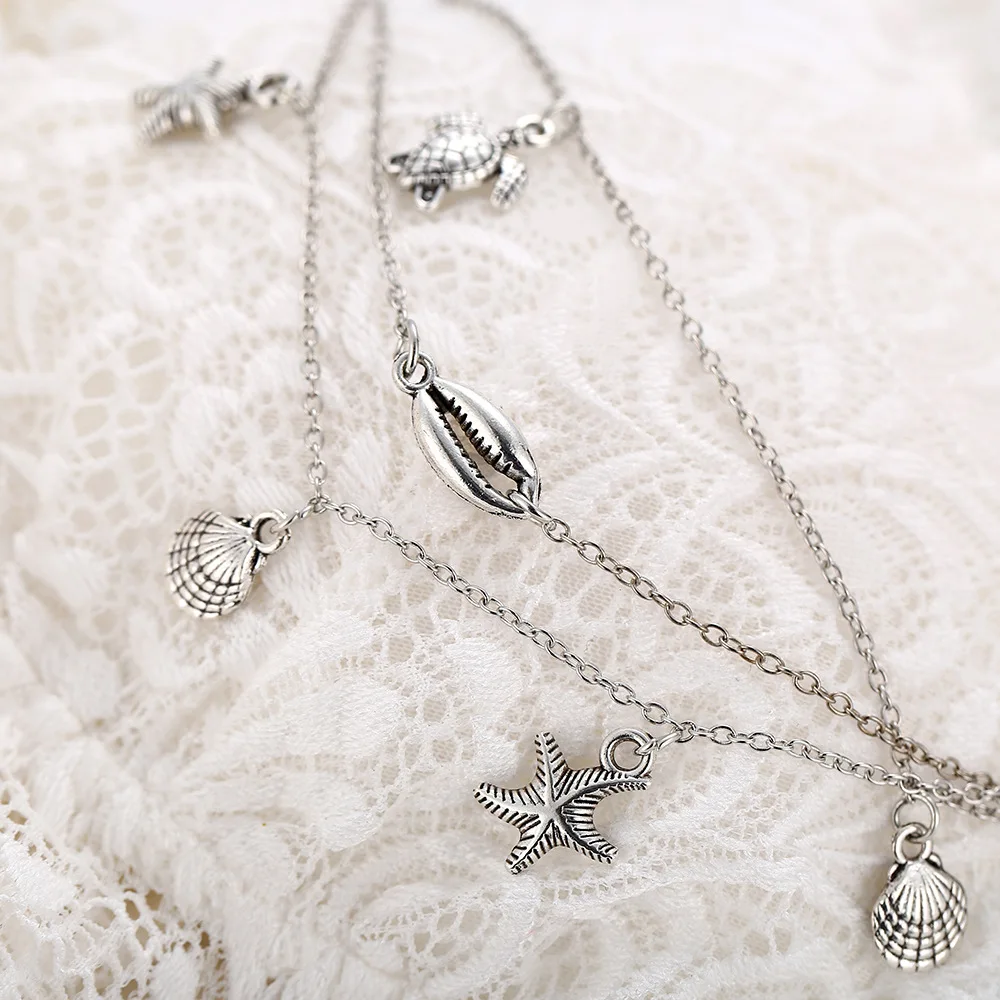 creative new retro simple silver metal shell starfish turtle pendant multi-layer anklet female
