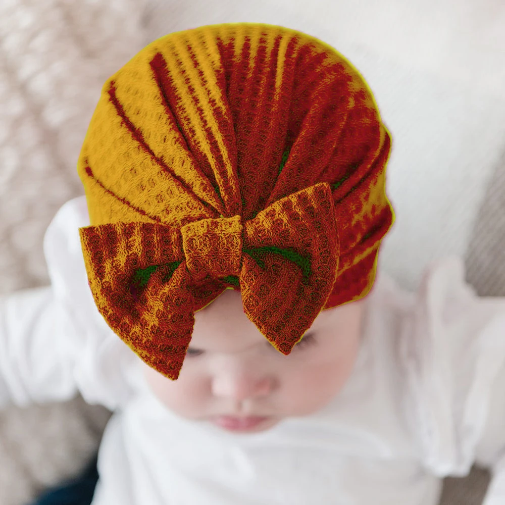 Waffle Kids Bow Knot Turban Hat Children Checkered Skullies Cap Cotton Solid Bebe Bonnet Hats Newborn Bows Hats for Baby Girl