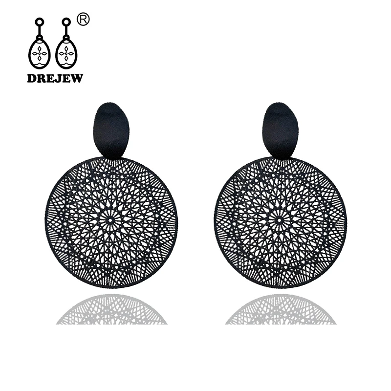 

DREJEW Vintage Art Gold Black Alloy Circle Statement Dangle Earrings Fashion Round Drop Earrings for Women Wedding Jewelry E0321