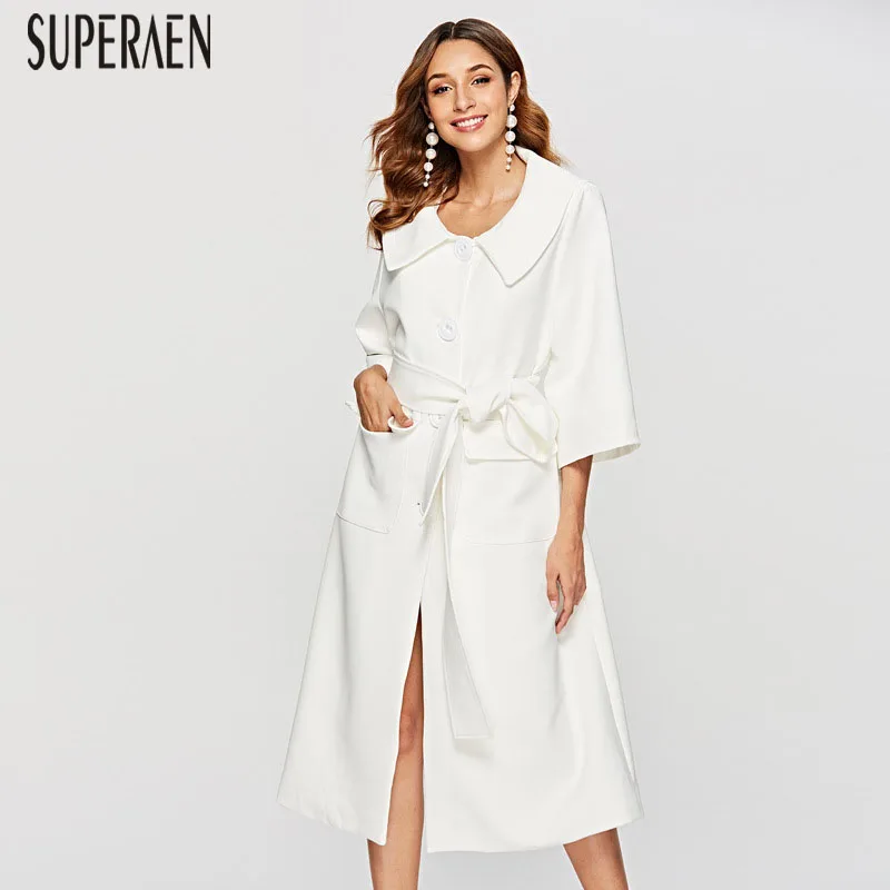 SuperAen Европы Модный плащ для Для женщин 2019 осень-зима Новые однотонные Цвет однобортная ветровка со Для женщин