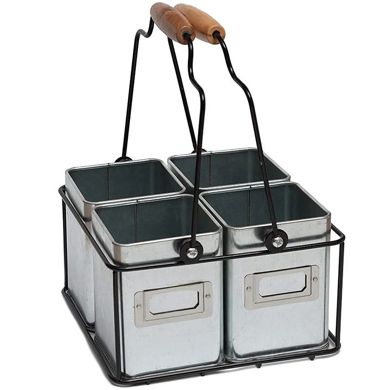 

Multiple Usage Wood Handle Handmade Wire Basket Caddy with 4 Galvanized Zin Boxes Kitchen Racks Desktop Tableware Storage Basket