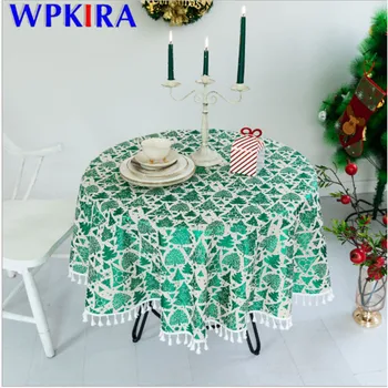 

Linen Cotton Christmas Tree Tablecloth Tassel Coffee Dinner Desk Table Cover Cloth Round For Wedding Banquet New Year ZB-AD521