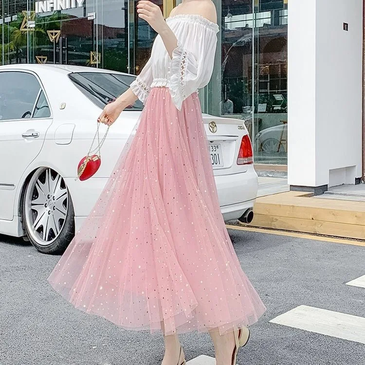 

Korean-style Gauze Skirt Women's 2019 New Style Gauze Versatile Star Mid-length High-waisted Sequin A- line Skirt Women's