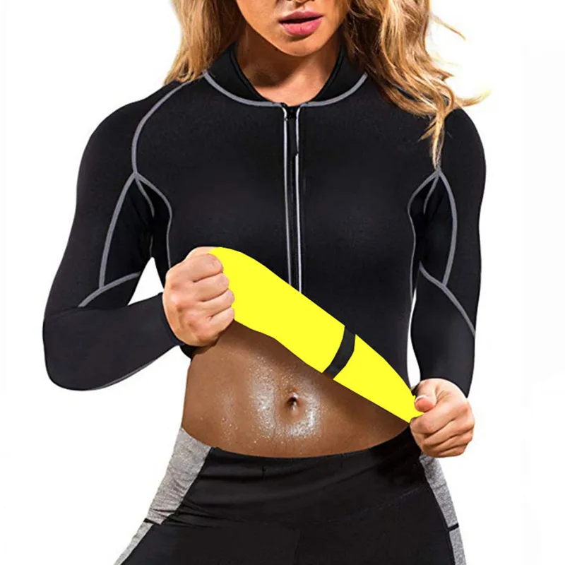 Sexy Women Seamless Yoga Top Sport Zipper Long Sleeve Yoga Shirt for Neoprene sweat sauna Quick Dry Breathable Gym Fitness Shirt - Цвет: black yellow white