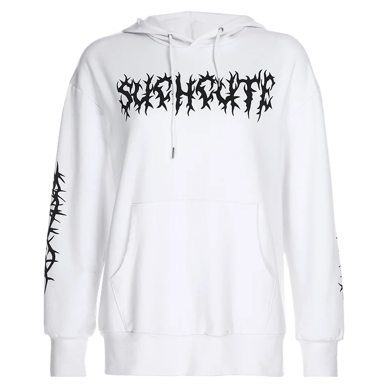 White Hoodies Харадзюку, готический принт с шипами, толстовки, женские, длинный рукав, свободные, Повседневный, с капюшоном, пуловер, уличная мода, гранж, толстовки, белые - Цвет: White Hoodies