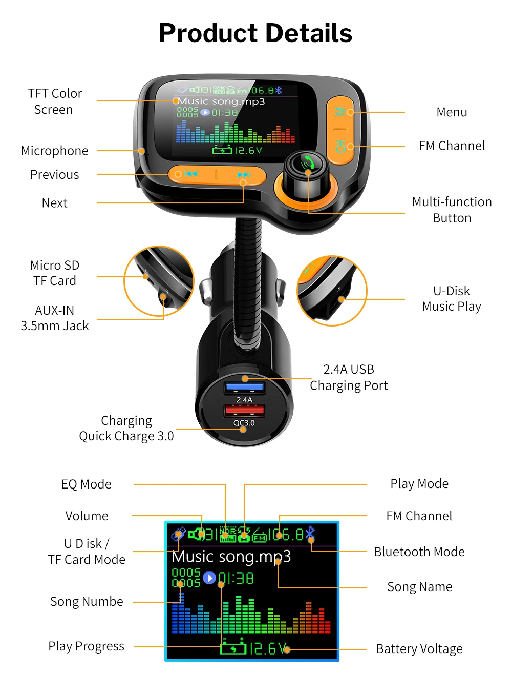 Car Bluetooth FM Transmitter Multifunction car Mp3 Player10