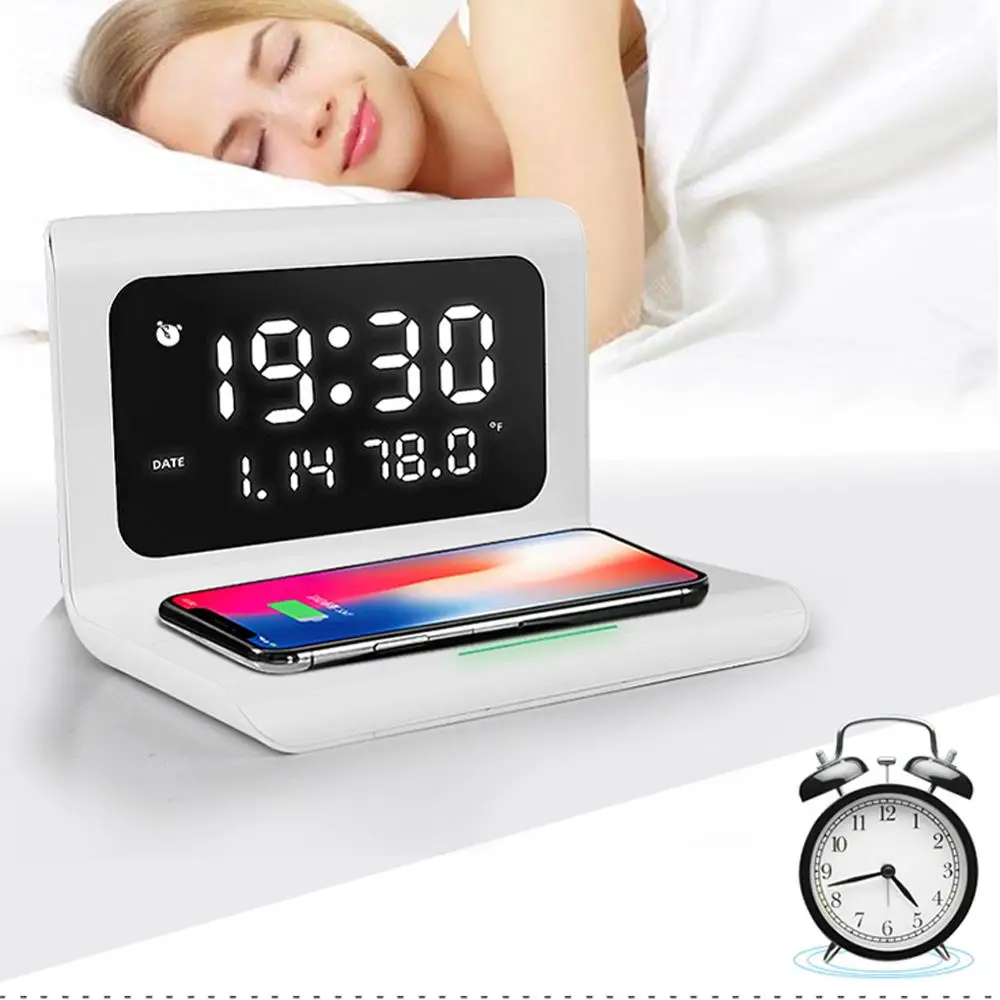 3 IN1 Electric Alarm Clock Wireless Charger Charging Pad Station Thermometer US 