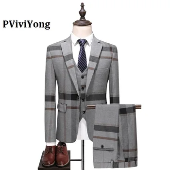 

PViviYong brand 2020 high quality suit men wedding, dinner，date grid leisure Business suit 3 piece (Jackets + Vest + Pants) 6102