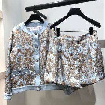 

Women Retro Jacquard Jackets & Coats Single Breasted O Neck Long Sleeve Tops Or High Waist Shorts 2020 New Spring Autumn