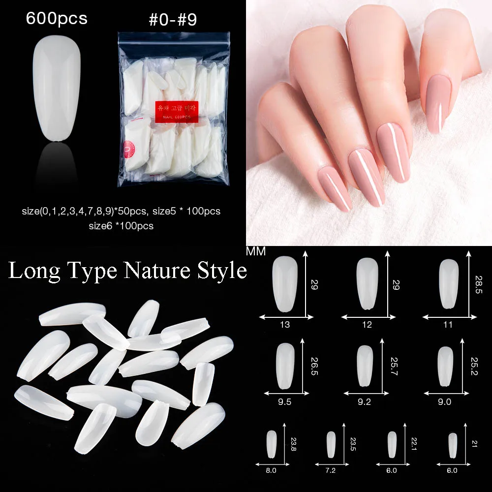 600 шт накладные ногти балерина гроб округлые белые прозрачные французские ногти поддельные ногти для УФ светодиодный гель маникюра Накладные акриловые ногти - Цвет: Long Type Nature