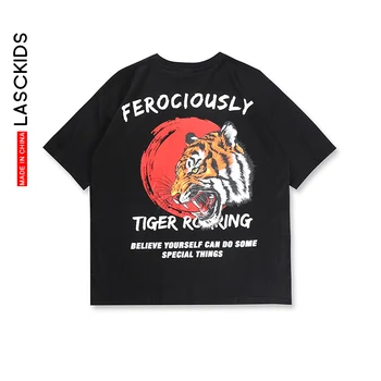 

LASCKIDS Hip Hop Overzied T shirt Women Men Streetwear Graphic T shirts Tiger Print Tops Summer Cotton Tee Shirt Homme KX03