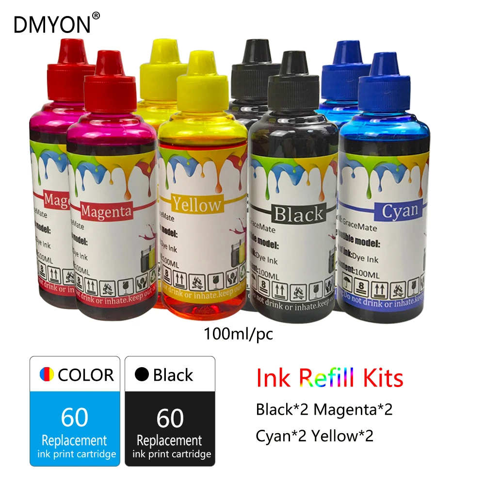 DMYON принтера пополнения чернил Бутылка Замена для струйного Hp 60 F2480 F2420 F4480 F4580 F4280