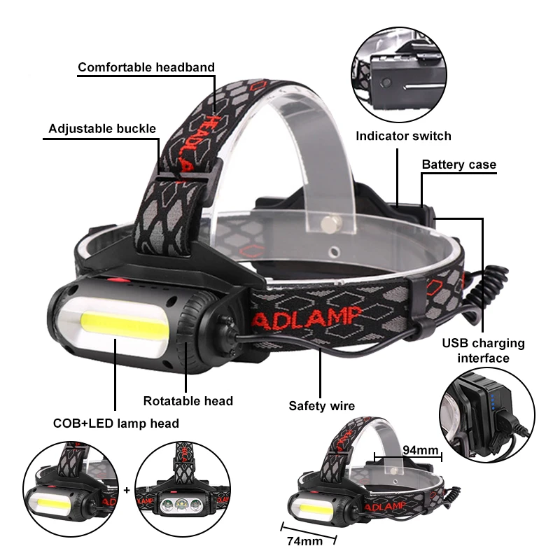 Светодиодный налобный фонарь CREE T6 XPE 360 градусов красный зеленый COB usb зарядка