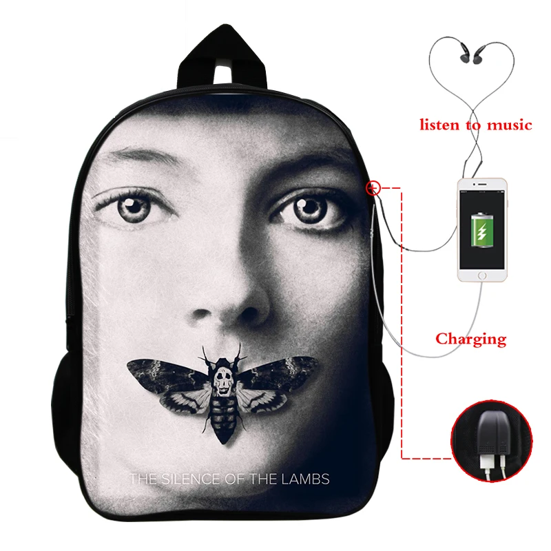 

The Silence of the Lambs backpack 16 inches with USB portable charging port for adults boys and girls travel backpack schoolbag