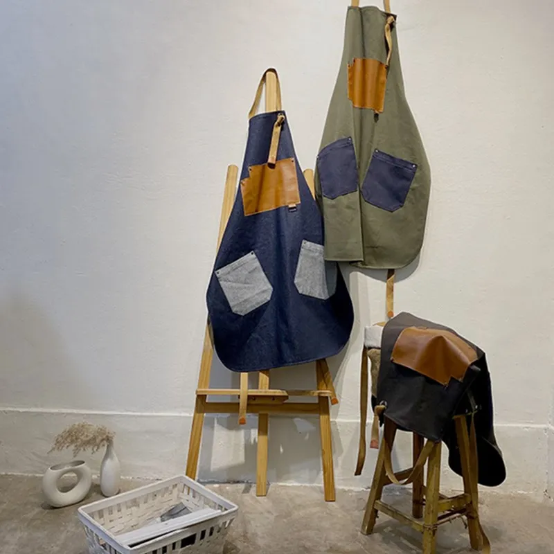 

Gray Green Canvas Blue Denim Apron Florist Gardener Painter Work Wear Cafe Restaurant Barista Bartender Pastry Chef Uniform E84