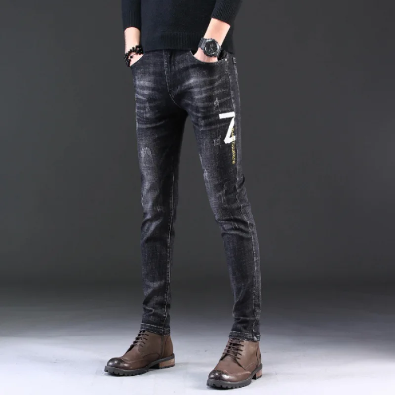 

Autumn Black Jeans Male STUDENT'S Korean-style Trend Skinny with Holes New Style Elasticity Slim Women's Long Pants BOY'S