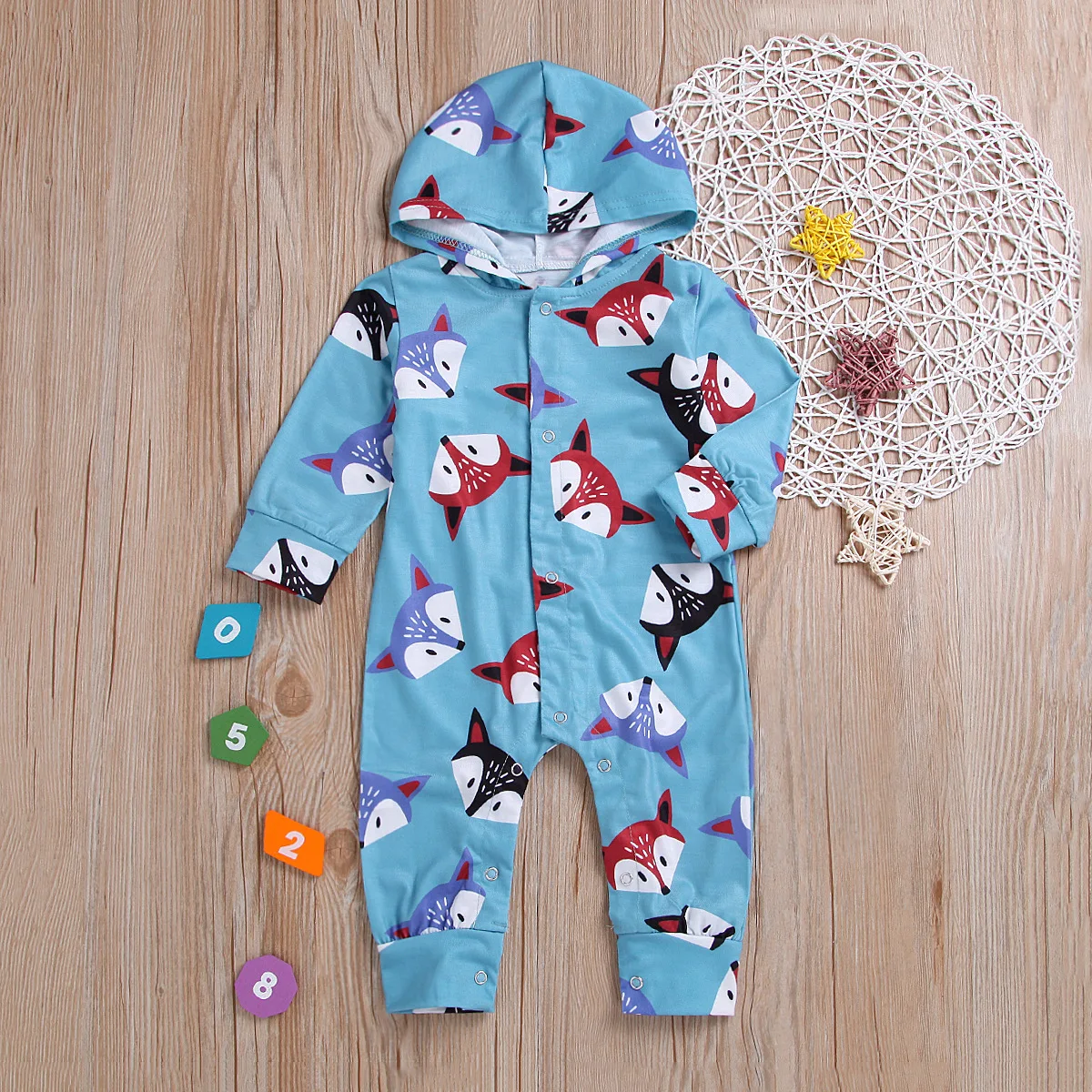 

Childrenswear Blue BOY'S Long Sleeve Fox Printed Romper Hooded Hidden Button Onesie