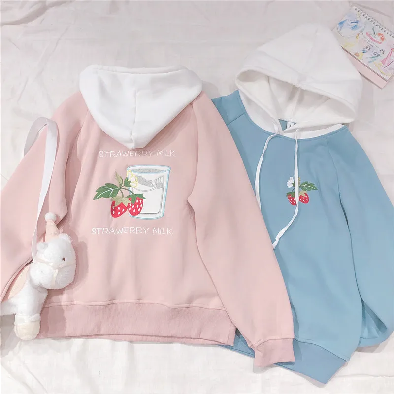 Маленькие свежие корейские милые плюшевые пуловеры с вышитой клубничкой; мягкие Лоскутные толстовки для девочек; Kawaii; Студенческая Толстовка; топы