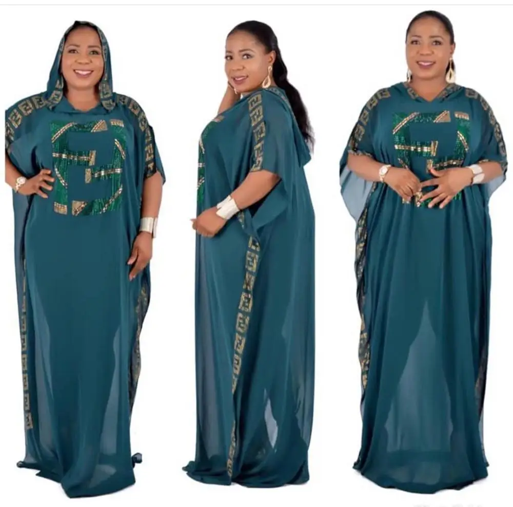 blue green 1 African Dashiki Dress Beading Chiffon Bat Sleeve Bazin Muslim Abaya Long Maxi Robe Gowns Women's Clothes Sexy Rich Evening Party - Цвет: blue green 1