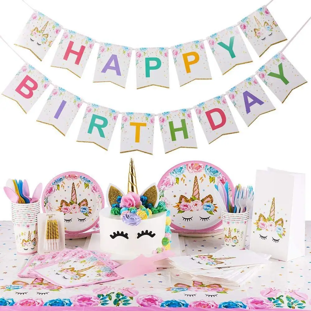 Unicorn Birthday Party Decors Disposable Tableware Paper Cup Plate Banner Set Unicorn balloon Baby Shower Kids Party Supplies