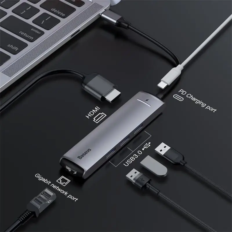 

Baseus 6 in 1 USB C Hub Type-C to1xHDMI + 3xUSB 3.0 + 1xRJ45 PD Adapter Type C HUB for MacBook Pro Huawei Mate 20 RJ45 HDMI HUB