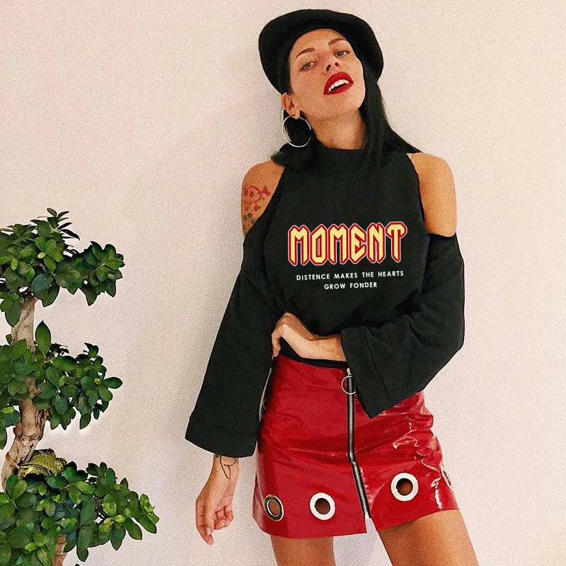 

Casual Women Sweatshirt For Autumn Off Shoulder Long Sleeve O Neck Solid Black Warm Soft Streetwear Fashion Female Fall Lady