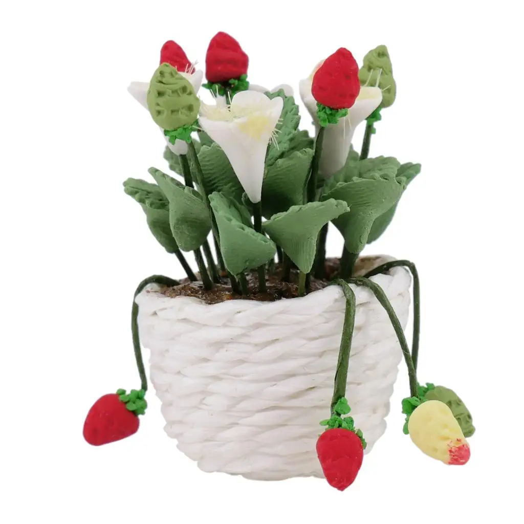 12th Doll House Flower Potted Miniature Strawberries Bonsai Model Beautiful DIY Fairy Garden Ornament Dollhouse Decor Kids Toy