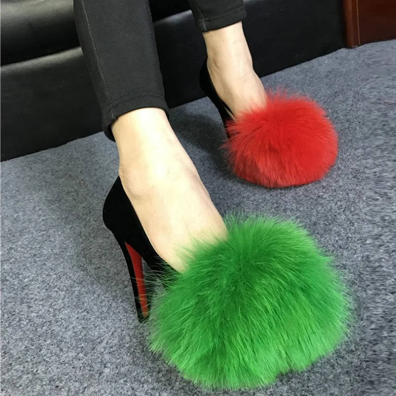

Womens Platform Real Fox Fur Ball Decor Stilettos Super High Heel Low Top Suede Leather 12CM Colorful Nightclub Party Shoes