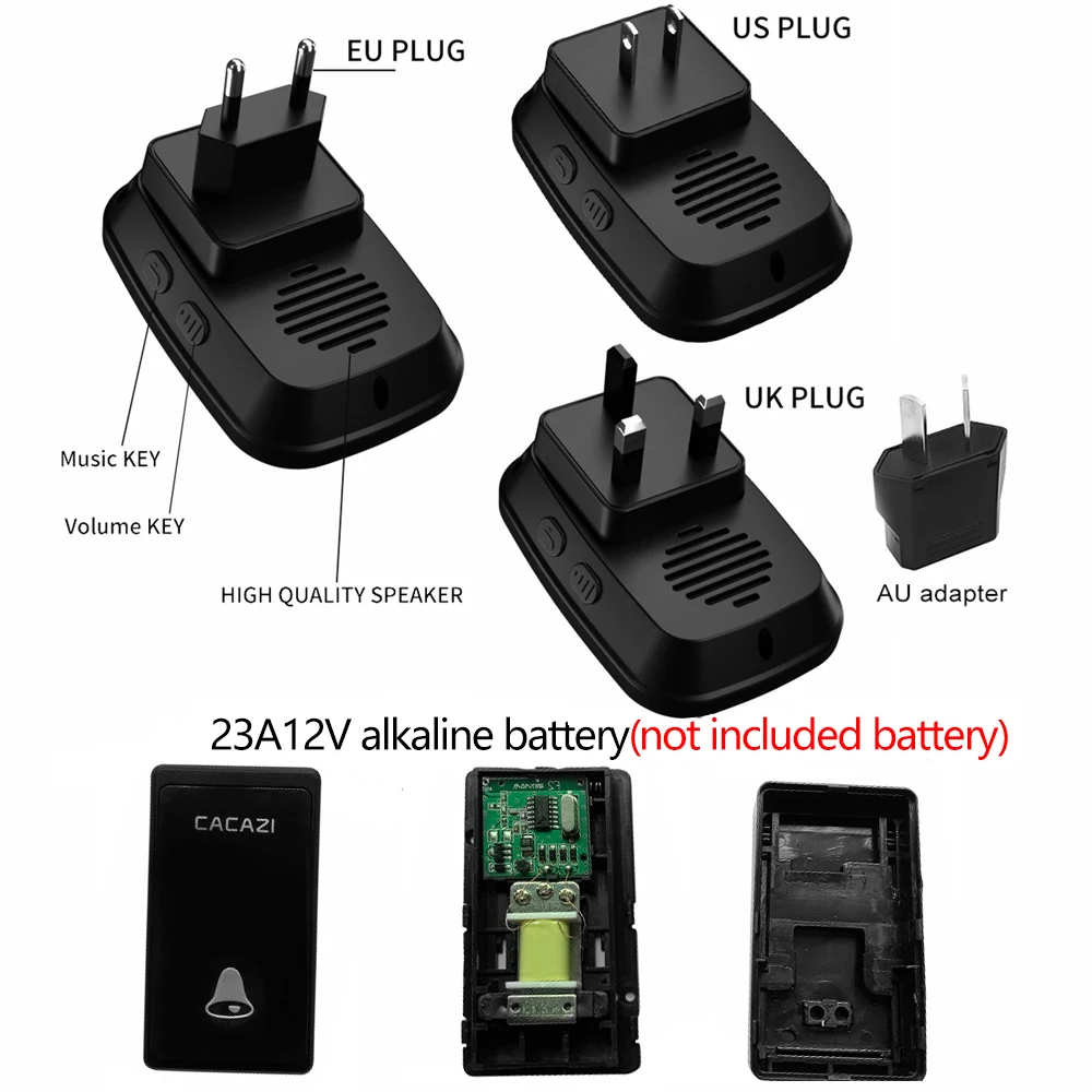 CACAZI не требуется батарея беспроводной дверной звонок автономный 58 курантов США ЕС Великобритания штекер умный дом дверной звонок 1 2 кнопки 1 2 приемника