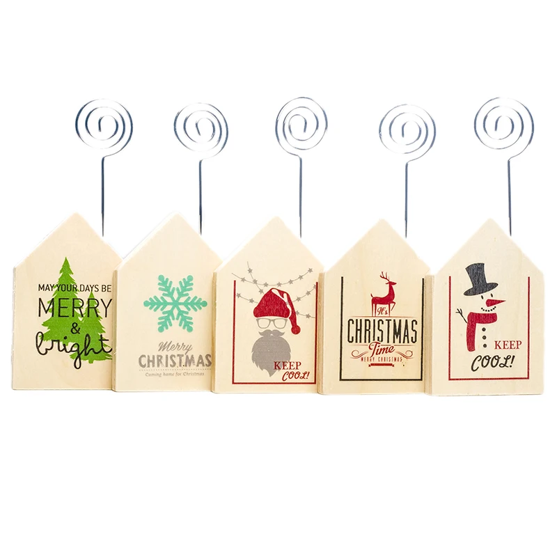 

1 Set 5 Pcs Christmas Decorations Ornaments Christmas Print Wooden Notes Folder Clip Office Desktop Creative Small House Decorat